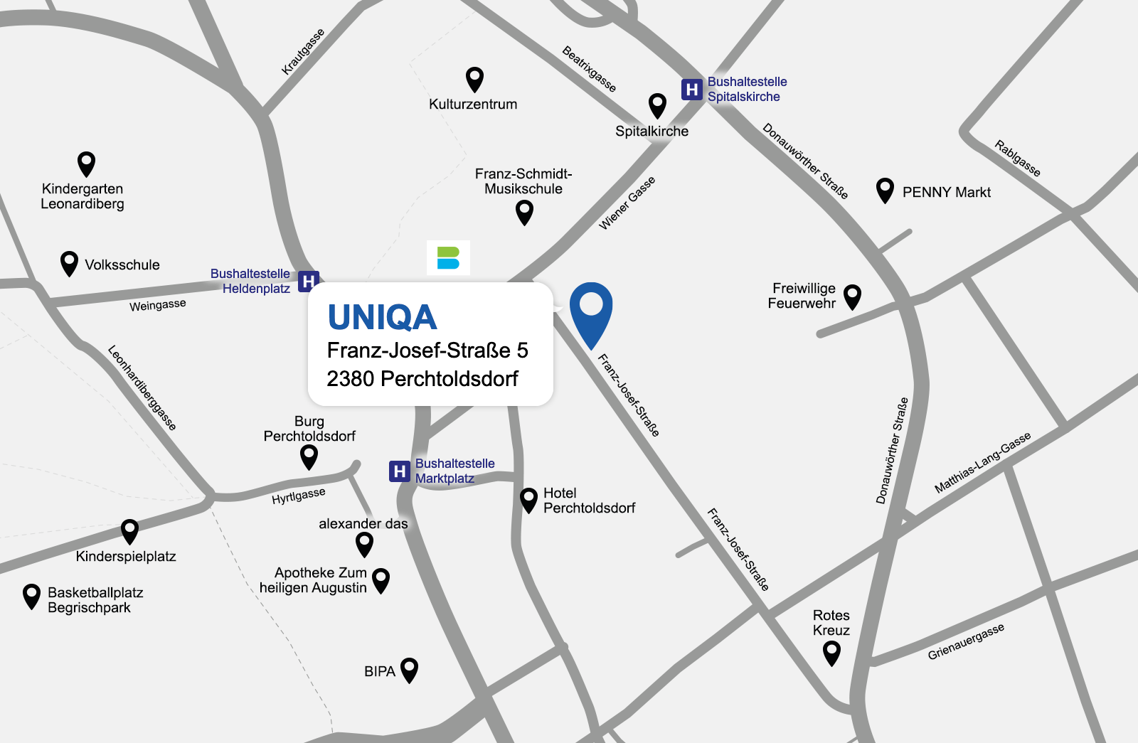 Eine detaillierte gezeichnete Karte der UNIQA Generalagentur Perchtoldsdorf